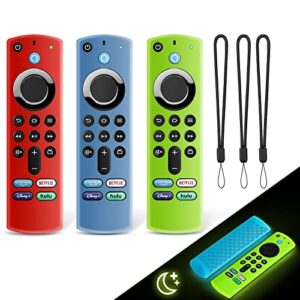 3 pack fire stick remote cover, silicone remote case for 2021 fire tv stick 4k max/alexa voice remote 3rd gen, anti slip silicone protective case with lanyard(glow blue & glow green & red)