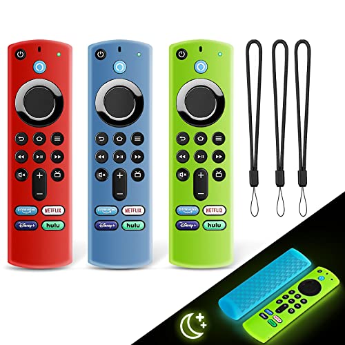 3 Pack Fire Stick Remote Cover, Silicone Remote Case for 2021 Fire TV Stick 4K Max/Alexa Voice Remote 3rd Gen, Anti Slip Silicone Protective Case with Lanyard(Glow Blue & Glow Green & Red)