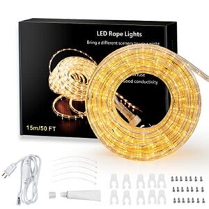 jinjuer led rope lights, 50ft/15m warm white strip lights with clear pvc jacket, connectable and flexible, waterproof for indoor outdoor use, 110v plugin tape lighting with high brightness 450 leds