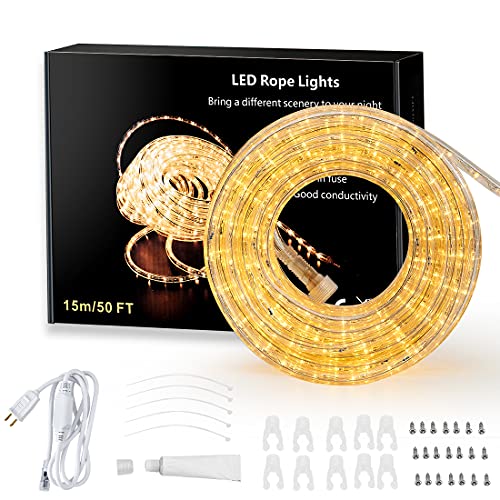 JINJUER LED Rope Lights, 50ft/15M Warm White Strip Lights with Clear PVC Jacket, Connectable and Flexible, Waterproof for Indoor Outdoor use, 110V Plugin Tape Lighting with High Brightness 450 LEDs