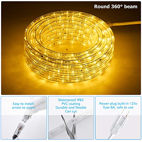 JINJUER LED Rope Lights, 50ft/15M Warm White Strip Lights with Clear PVC Jacket, Connectable and Flexible, Waterproof for Indoor Outdoor use, 110V Plugin Tape Lighting with High Brightness 450 LEDs