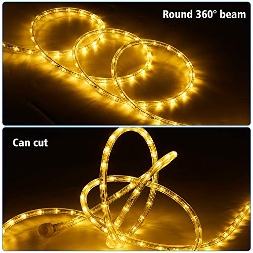 JINJUER LED Rope Lights, 50ft/15M Warm White Strip Lights with Clear PVC Jacket, Connectable and Flexible, Waterproof for Indoor Outdoor use, 110V Plugin Tape Lighting with High Brightness 450 LEDs