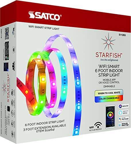 Satco Starfish S11263 WiFi Smart LED 6 Foot Color Changing Indoor Tape Light Strip, Works with Siri, Alexa, Google Assistant, SmartThings, 20 Watt, 120 Volt, 1600 Lumens