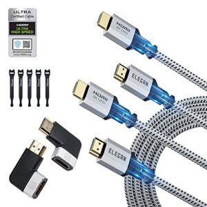 elecan 8k hdmi 2.1 cable (certified) 8 ft/2 pack, 48gbps braided hdmi cord for 8k@60hz 4k@120hz 2k 1080p, dynamic hdr, earc hdcp 2.2&2.3 dolby vision for ps5,ps4, xbox hd tv with ties and adapters