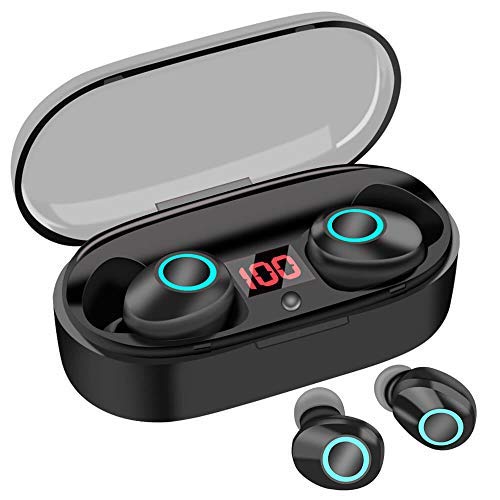 True Wireless Earbuds, 20H Playtime, Volume Control, Bluetooth Headphones 5.0 Mini Stereo Headset with Microphone, IPX5 Sweatproof, Hi-Fi Sound, in Ear Earphones with Portable Charging Case Black