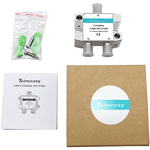 Tolmnnts 2 Way Coaxial Cable Splitter 2.5GHZ 5-2500MHz, RG6 Compatible, Nickel Plated, Cable Splitter Work with CATV, Satellite TV,Antenna System and MoCA Configurations (2 Way)