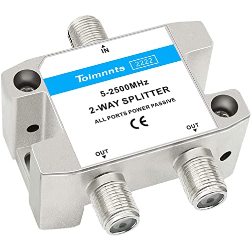 Tolmnnts 2 Way Coaxial Cable Splitter 2.5GHZ 5-2500MHz, RG6 Compatible, Nickel Plated, Cable Splitter Work with CATV, Satellite TV,Antenna System and MoCA Configurations (2 Way)