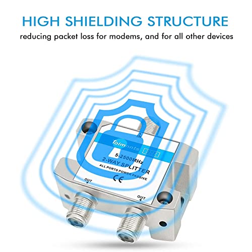 Tolmnnts 2 Way Coaxial Cable Splitter 2.5GHZ 5-2500MHz, RG6 Compatible, Nickel Plated, Cable Splitter Work with CATV, Satellite TV,Antenna System and MoCA Configurations (2 Way)