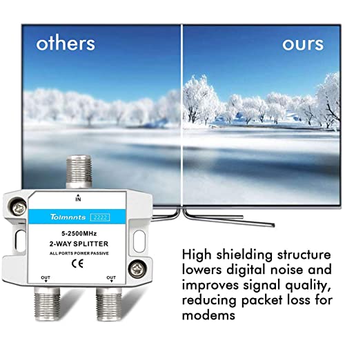 Tolmnnts 2 Way Coaxial Cable Splitter 2.5GHZ 5-2500MHz, RG6 Compatible, Nickel Plated, Cable Splitter Work with CATV, Satellite TV,Antenna System and MoCA Configurations (2 Way)