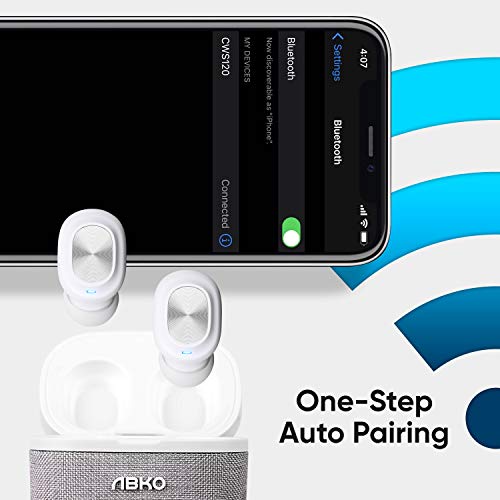 ABKO True Wireless Earbuds with Fabric Cradle Ultra Lightweight Compact Auto Pairing Bluetooth in-Ear Headphones USB-C Charging IPX4 Waterproof CWS120 White