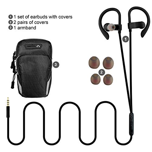 QCEED Sports Earbuds Wired with Built-in Mic, Sweatproof Earphones with Over Ear Hook, in Ear Running Headphones for Workout Exercise Gym Compatible with Smart Phones, with 1 Running Armband Case