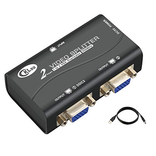 CKLau 450MHz Bandwidth 2 Port VGA Splitter Amplifier Box 1 PC to 2 Monitors SVGA Video Splitter Support 2048 x 1536 Resolution up to 164ft for Screen Duplication