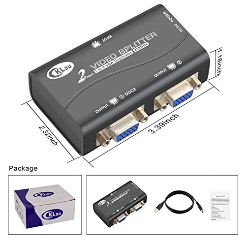 CKLau 450MHz Bandwidth 2 Port VGA Splitter Amplifier Box 1 PC to 2 Monitors SVGA Video Splitter Support 2048 x 1536 Resolution up to 164ft for Screen Duplication