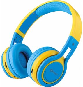 contixo kb-2600 kid safe 85db over the ear foldable wireless bluetooth headphone with volume limiter, built-in micro phone, micro sd card music player, fm stereo radio, blue/yellow