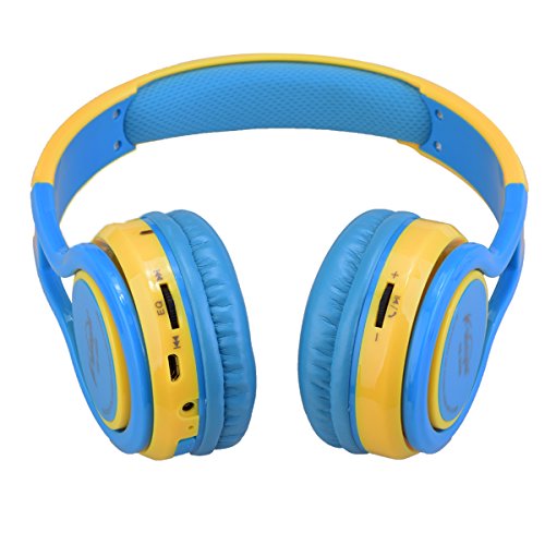 Contixo KB-2600 Kid Safe 85dB Over The Ear Foldable Wireless Bluetooth Headphone with Volume Limiter, Built-in Micro Phone, Micro SD Card Music Player, FM Stereo Radio, Blue/Yellow