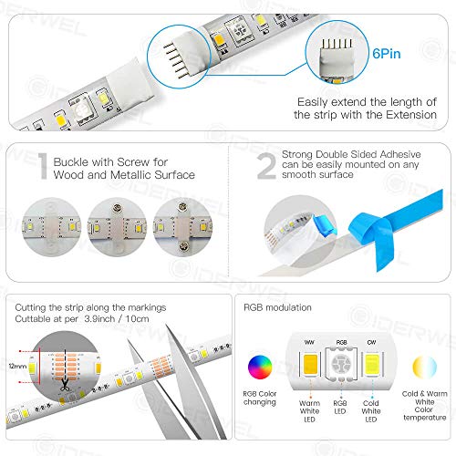 GIDERWEL Smart RGBWW LED Light Strip Plus with ZigBee LED Controller Dimmable RGBCCT LED Strips Starter kit Work with ZigBee Hub Bridge,Lightify Hub,Echo Plus for APP/Voice Control Ambiance Lighting