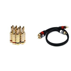 monoprice gold plated speaker banana plugs – 5 pairs – closed screw type & premium rca cable – 1.5 feet – black | 2 rca plug to 2 rca plug, male to male, 22awg