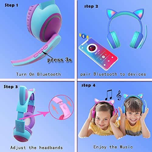 Fouetoway Cat Ear Kids Headphones with Bluetooth &Wired, On-Ear Headset Cute LED Light Up with Microphone for Kids Learning,Gaming,Music,Compatible with Laptop/PC/TV/Smartphones(Blue)