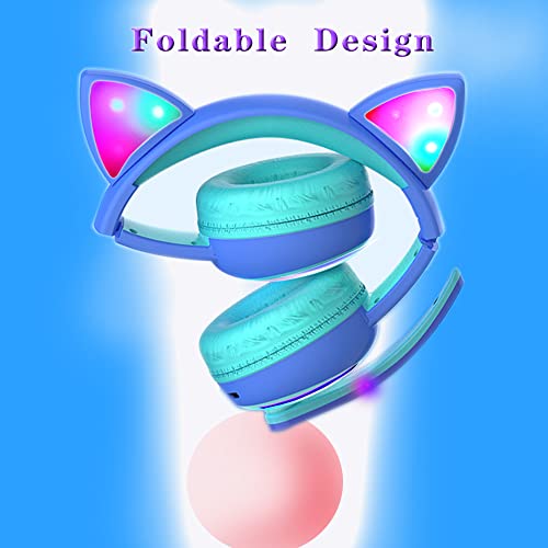 Fouetoway Cat Ear Kids Headphones with Bluetooth &Wired, On-Ear Headset Cute LED Light Up with Microphone for Kids Learning,Gaming,Music,Compatible with Laptop/PC/TV/Smartphones(Blue)