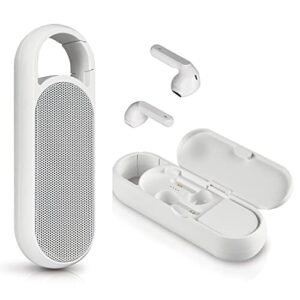 acoustic research – model- artws30, duo wireless speaker and earbuds – all-in-one bluetooth speaker, earbuds and charging case, hands-free calling, built-in travel clip, portable, rechargeable – white