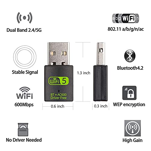 GREENTOUCHPC AC600 802.11ac High-Speed Dual-Band USB WiFi Bluetooth Combo Adapter for PC 600Mbps Wireless Network Connectivity Card Nano Dongle for Desktop Computer Laptops