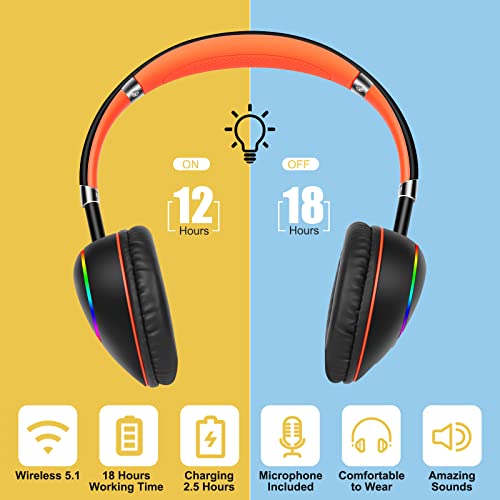 FFZ Kids Headphones Wireless, Kids Headphones for School/Ipad/Car/Airplane, Blue-Tooth V5.1 Headset with Colorful LED Lights, Stretchable Earphones & Soft Earpads