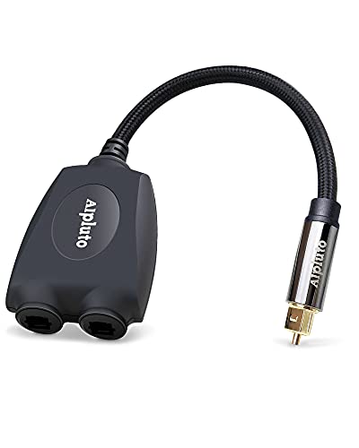 Alpluto Audio Splitter, Fiber Optic Audio Cable 1 in 2 Out Digital Toshlink Optical Audio Splitter Adapter Fiber Converter with 24K Gold Plated Connectors (Black)