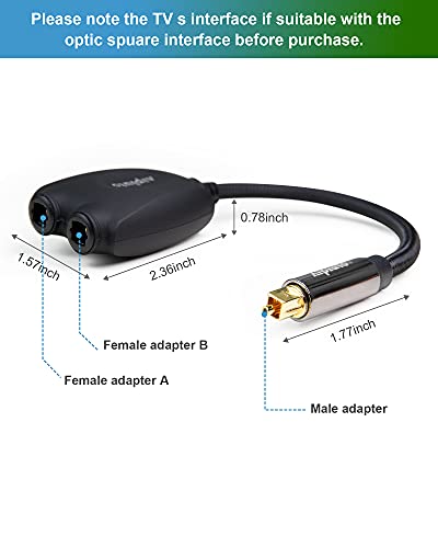 Alpluto Audio Splitter, Fiber Optic Audio Cable 1 in 2 Out Digital Toshlink Optical Audio Splitter Adapter Fiber Converter with 24K Gold Plated Connectors (Black)