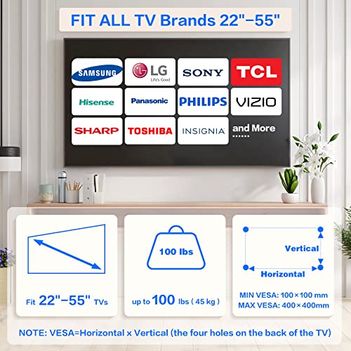 Drywall TV Mount fits Most 22-55 inch TVs, No Stud Needed TV Wall Mount Bracket with Loading Capacity 100 lbs, Max Vesa 400 x 400mm (All Hardware Screws Include)