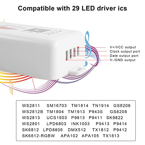 RGBZONE WS2812b WS2811 SP107E Music Bluetooth Controller, DC 5-24V, Support LED IC Chip Suit for LED Strip, iOS Android App Control, Module Buli-in Mic/AUX Input, Suit Indoor