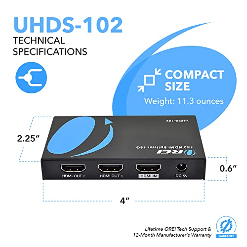 OREI 4K 1x2 2.0 HDMI Splitter, 2 Ports with Full UltraHD 4:4:4 HDR, HDR10, Dolby Vision, HDCP 2.2, 4K at 60Hz, EDID Support