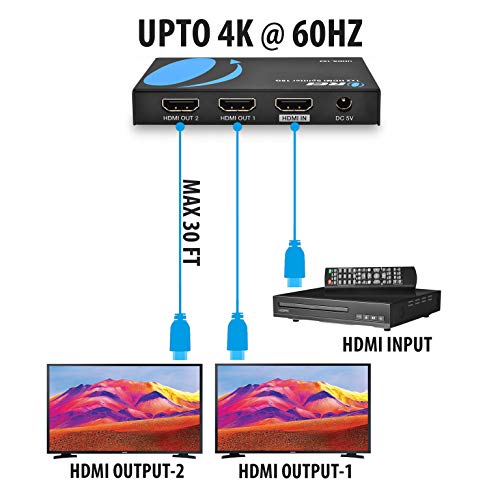 OREI 4K 1x2 2.0 HDMI Splitter, 2 Ports with Full UltraHD 4:4:4 HDR, HDR10, Dolby Vision, HDCP 2.2, 4K at 60Hz, EDID Support