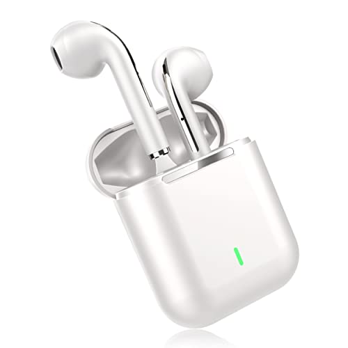 One-Touch On/Off Bluetooth 5.0 Stereo Earbuds 4 Hours Talking or Playtime Deep Bass Crystal-Clear Calls Headset with Charging Case for iPhone & Android Phone, White, J18