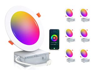 cloudy bay [6 pack] 6inch smart wifi led recessed lights,rgbcw color changing recessed lighting,compatible with alexa and google home assistant,no hub required,15w 2700k-6500k,cri90+ wet location