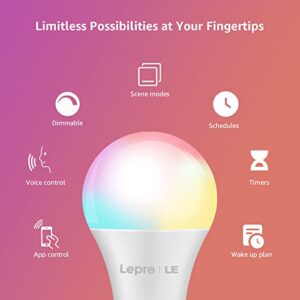 LE Smart Light Bulbs, LED Color Changing Lights, Works with Alexa and Google Assistant, RGB & Soft Warm White, 60 Watt Equivalent, Dimmable with App, A19 E26, No Hub Required, 2.4GHz WiFi Only, 2 Pack