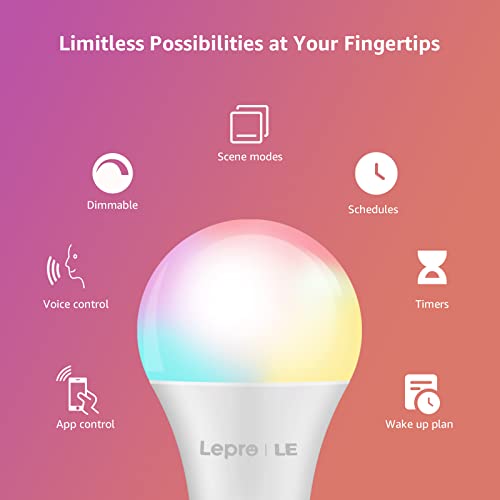 LE Smart Light Bulbs, LED Color Changing Lights, Works with Alexa and Google Assistant, RGB & Soft Warm White, 60 Watt Equivalent, Dimmable with App, A19 E26, No Hub Required, 2.4GHz WiFi Only, 2 Pack