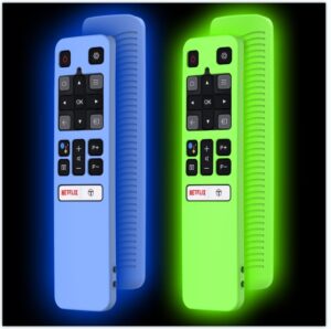 [2 pack] wqnide case for tcl rc802v fmr1 fnr1 smart voice remote control, silicone protective cover shockproof anti slip anti-lost glowing(glowgreen and glowblue)