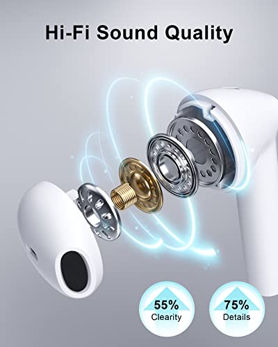 Wireless Earbuds, Bluetooth Earphones, Air Buds Pods Ear Buds with HiFi Stereo Sound 13mm Dynamic Driver Clear Call, IPX6 Waterproof Wireless Headphones, 24 Hrs Compatible for iPhone Android, White