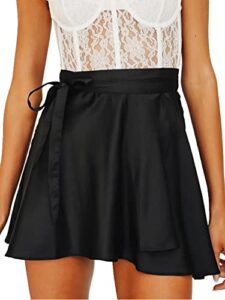 umenlele women’s satin tie knot belted waist wrap skater mini short skirt black x-large