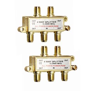 wevzeney 4-way coaxial cable splitter, 2.4 ghz 5-2400 mhz, works with stb tv, satellite, high speed internet, antenna and moca network, gold plated connectors, corrosion resistan,2-pack