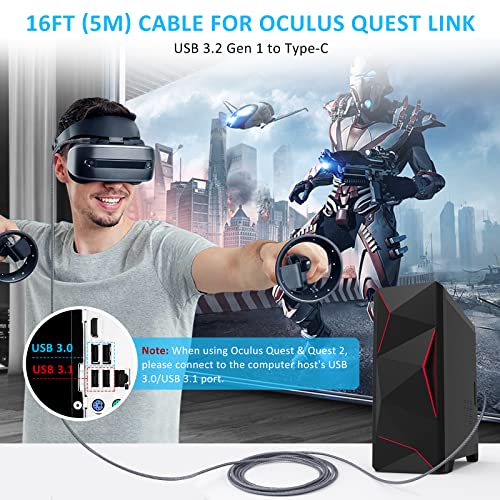 TOTU Cable for Oculus Quest 2 Link, 16FT USB 3.2 Gen 1 to Type C Link Cable Compatible with Steam Deck, High Speed Data Transfer and Fast Charging for VR Oculus Quest Headset and Gaming PC