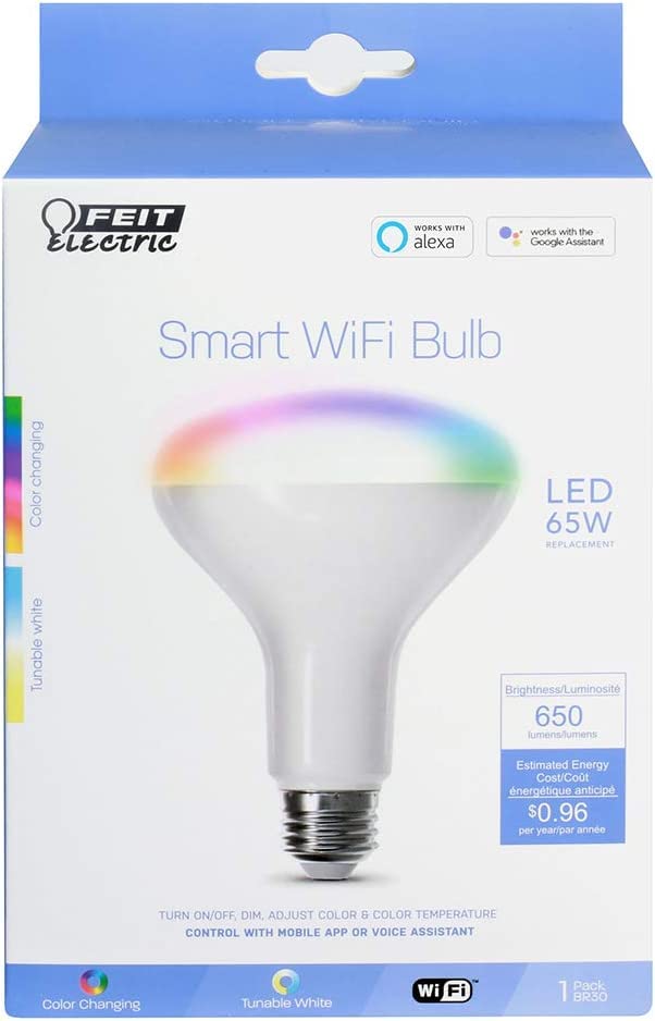 Feit Electric BR30 Smart Flood Light Bulb,2.4GHz WiFi Color Changing and Dimmable, No Hub, Works with Alexa or Google Assistant BR30 Smart LED Light Bulb, BR30/RGBW/CA/AG, 65W