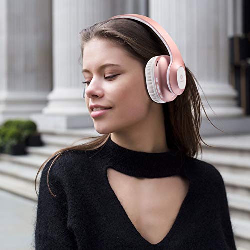 Bluetooth Over Ear Headphones,KINGCOO Wireless Headphones V5.0 with Microphone, Foldable & Lightweight Headset, Support Tf Card MP3 Mode and Fm Radio for Cellphones Laptop TV (Rose Gold)
