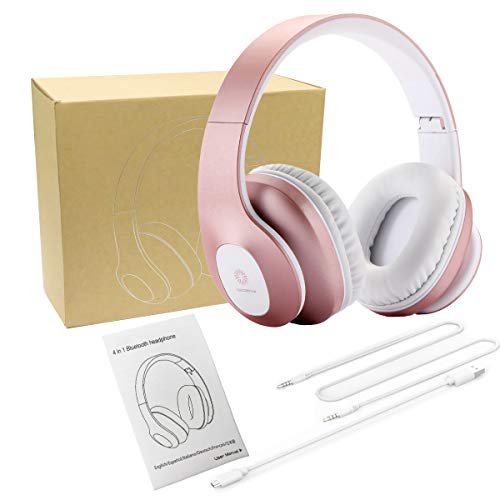 Bluetooth Over Ear Headphones,KINGCOO Wireless Headphones V5.0 with Microphone, Foldable & Lightweight Headset, Support Tf Card MP3 Mode and Fm Radio for Cellphones Laptop TV (Rose Gold)