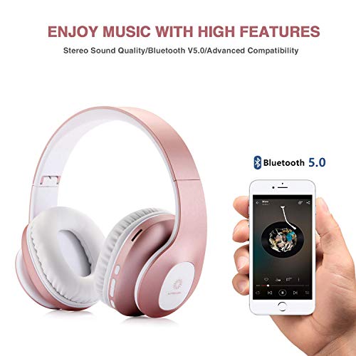 Bluetooth Over Ear Headphones,KINGCOO Wireless Headphones V5.0 with Microphone, Foldable & Lightweight Headset, Support Tf Card MP3 Mode and Fm Radio for Cellphones Laptop TV (Rose Gold)