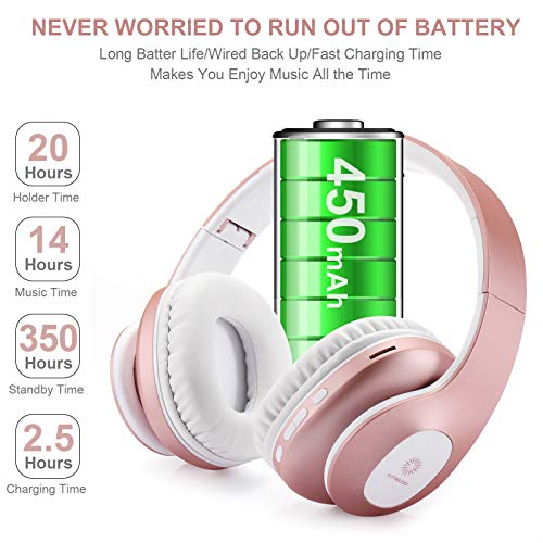 Bluetooth Over Ear Headphones,KINGCOO Wireless Headphones V5.0 with Microphone, Foldable & Lightweight Headset, Support Tf Card MP3 Mode and Fm Radio for Cellphones Laptop TV (Rose Gold)