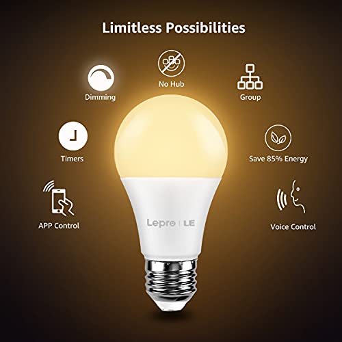 Lepro Smart LED Light Bulbs, Compatible with Alexa & Google Home, 60 Watt Equivalent, Dimmable with App, Warm White 2700K, No Hub Required, A19 E26, 2.4GHz WiFi Only, Pack of 2