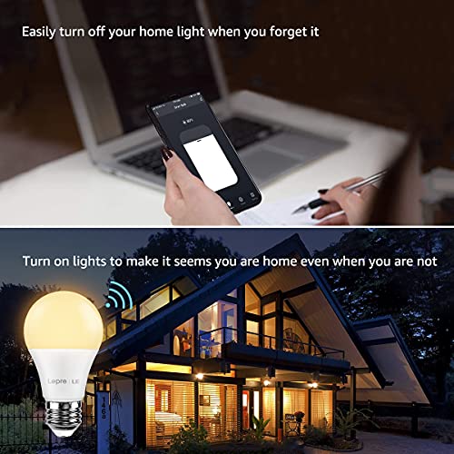 Lepro Smart LED Light Bulbs, Compatible with Alexa & Google Home, 60 Watt Equivalent, Dimmable with App, Warm White 2700K, No Hub Required, A19 E26, 2.4GHz WiFi Only, Pack of 2
