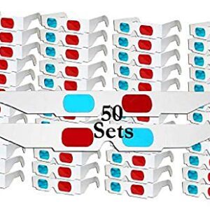 Jtshy 50 Pairs - Flat- 3D Glasses Red and Cyan White Frame Anaglyph Cardboard