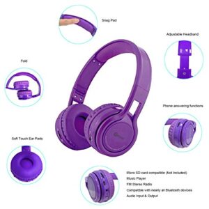 Contixo KB2600 Kids Over The Ear Foldable Bluetooth Headphones Kids Safe 85dB with Volume Limiter, Built-in Microphone, Micro SD Card Slot, FM Stereo Radio, Phone Controls (Purple)
